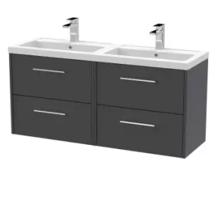 image of Hudson Reed Juno 1200mm Wall Hung 4 Drawer Vanity & Double Polymarble Basin - Graphite Grey