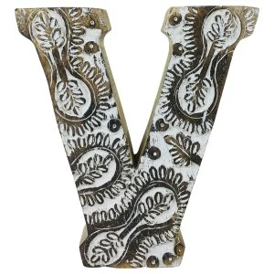 image of Letter V Hand Carved Wooden White Flower