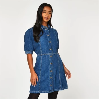 image of Jack Wills Meads Puff Sleeve Mini Denim Dress - Mid Indigo