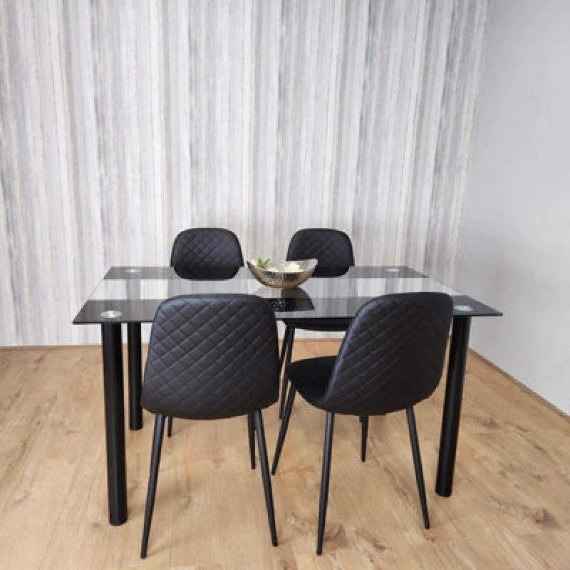 Image of Kosy Koala Black Glass Dining Table Set With 4 Gem Pattern Chairs For Dining Room Furniture