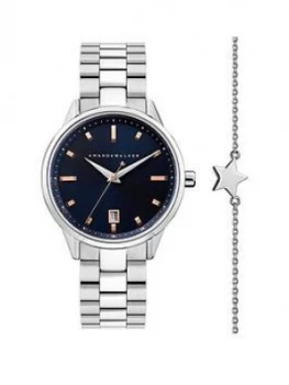 Image of Amanda Walker Navy And Rose Gold Detail Date Dial Stainless Steel Bracelet Ladies Watch And Star Bracelet Gift Set