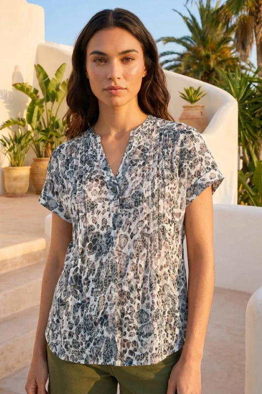 Image of Roman Womens Animal Print Pintuck Burnout Shirt in Natural Size: 16 Natural Female 16