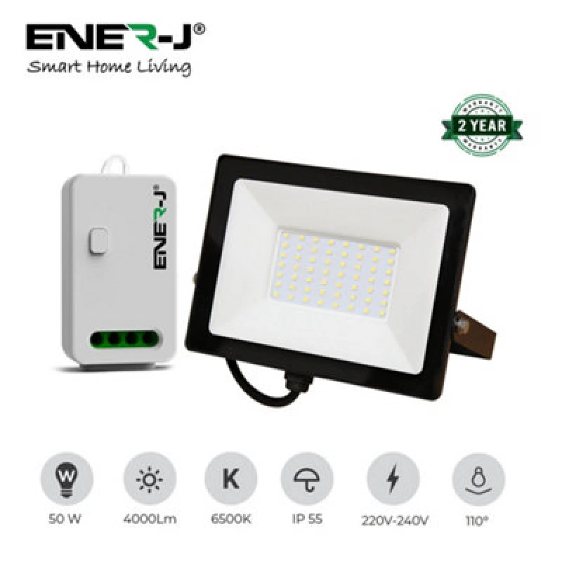 Image of Ener-J 50W LED Floodlight Pre Wired With 500W Rf Receiver + 1 Gang Wireless Kinetic Switch (White Body)