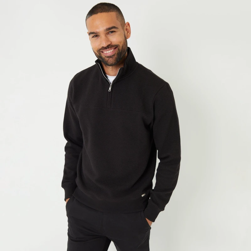 Image of Threadbare Textured Quarter Zip Sweatshirt Black