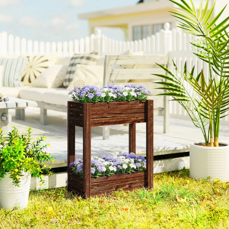 Image of OUTSUNNY 2-Tier Wooden Raised Planter, Raised Garden Bed on Legs in Brown Brown Unisex