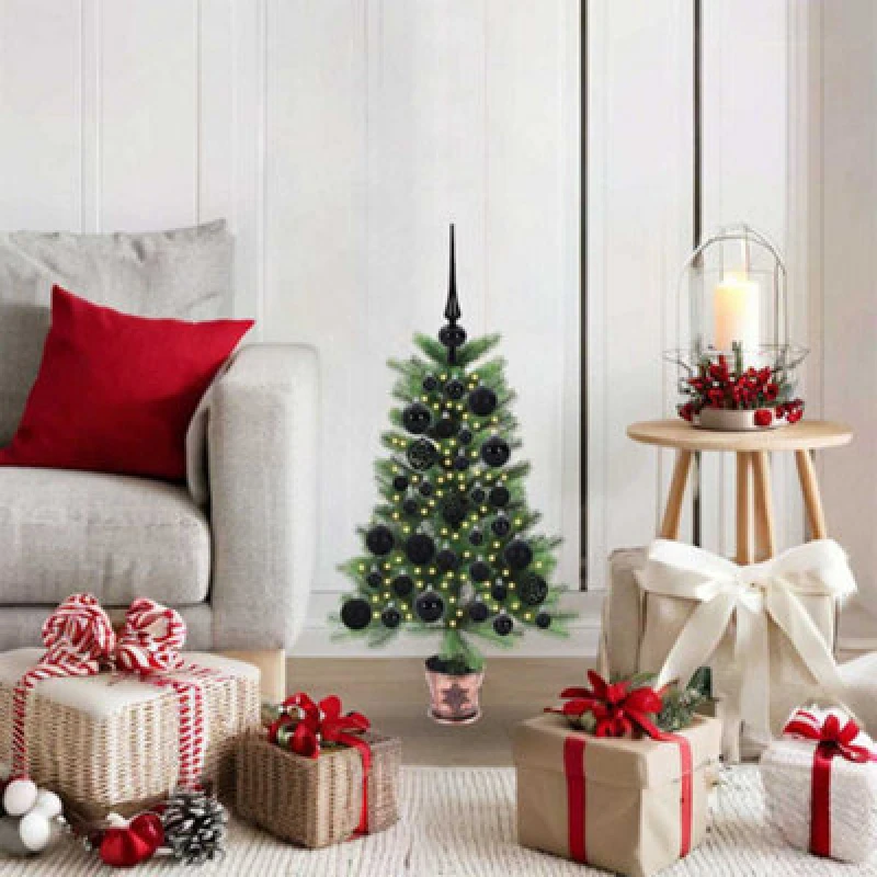Image of vidaXL Christmas Tree with 150 LEDs, Black Balls with Stand Green 65cm PE, Green 3396292