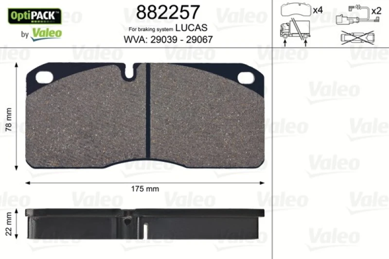 Image of VALEO 882257 Brake pad set Rear Axle, without integrated wear sensor, OPTIPACK, without bolts/screws Brake Pad Set,disc brake (402)