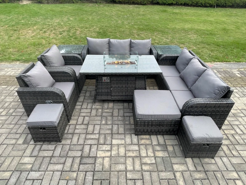 Image of Fimous Wicker Rattan Garden Furniture Set Gas Fire Pit Dining Table Indoor Outdoor with 2 Side Tables Chair Loveseat Sofa Dark Grey