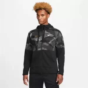 Image of Nike Dri-FIT Fleece Mens Full-Zip Camo Fitness Hoodie - Black
