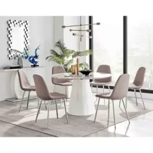 Image of Furniture Box Palma White Marble Effect Round Dining Table and 6 Cappuccino Corona Silver Chairs