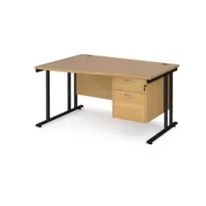 image of Office Desk Left Hand Wave Desk 1400mm With Pedestal Oak Top With Black Frame Maestro 25 MC14WLP2KO