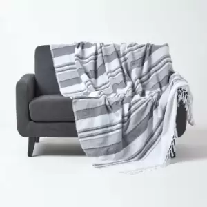 Image of Cotton Morocco Striped Monochrome Throw, 225 x 255cm - Grey - Homescapes