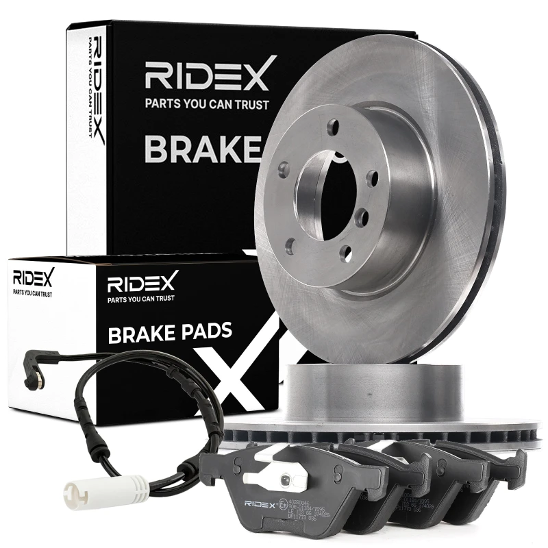 Image of RIDEX 3405B0498 Brake disc and pads set Front Axle, Brake Disc Type: Vented, prepared for wear warning indicator Brake Set,disc brakes (3405)