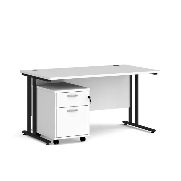 image of Maestro 25 Straight Desk with Black Cantilever Frame and 2 Drawer Pedestal - White - 1400mm x 800mm