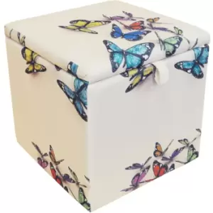 image of Watsons - butterfly - Square Storage Ottoman Stool / Blanket Box Cube - Cream / Multi - Cream / Multi-coloured