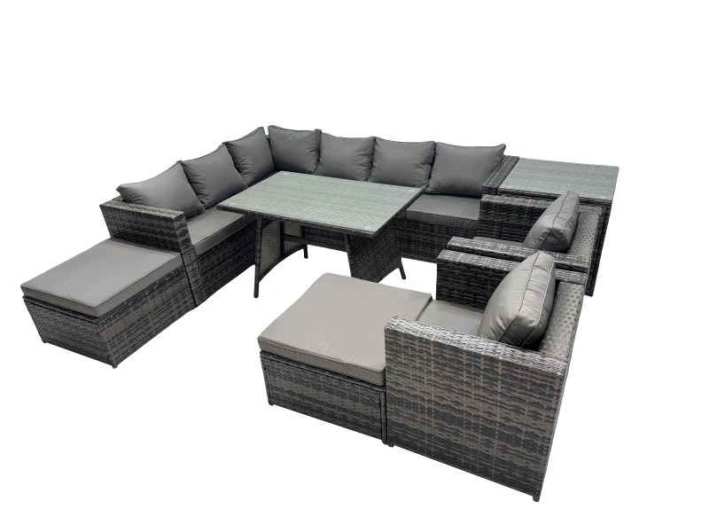Image of FIMOUS Fimous 10-seater Outdoor PE Rattan Sofa Set with Dining Table Patio Garden Furniture Sets with 2 Chair 2 Big Stools Side Table Dark Grey Mixed
