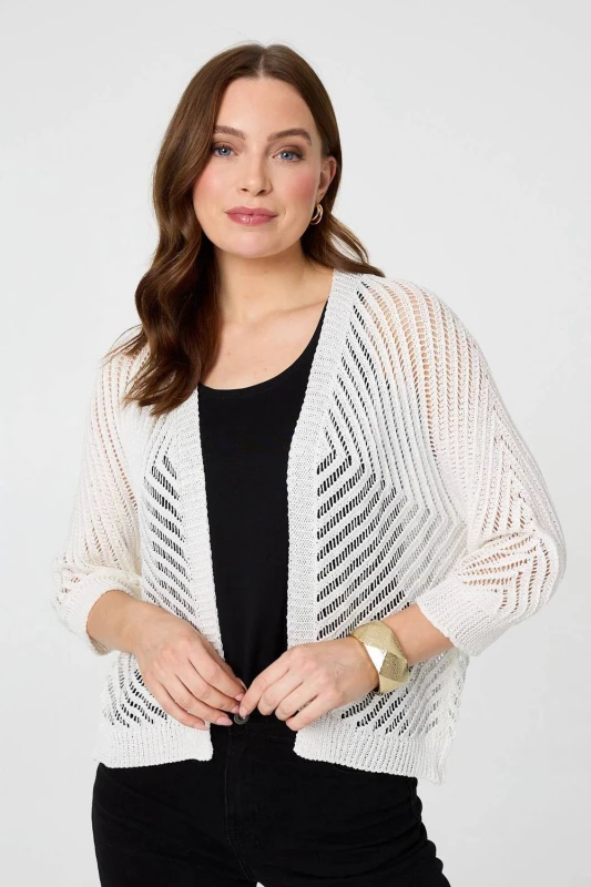 Image of Izabel London Womens Chevron Texture Mesh 1/2 Sleeve Cardigan in White Size: Small White Female S