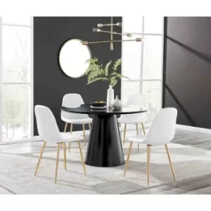 Image of Furniture Box Palma Black Semi Gloss Round Dining Table and 4 White Corona Gold Leg Chairs