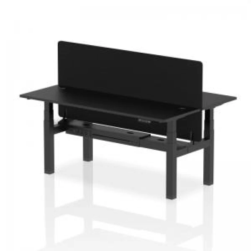 Image of Air Back - to - Back 1800 x 600mm Height Adjustable 2 Person Bench Office Desk Black Top - Cable Ports Black Frame - Black Straight Screen