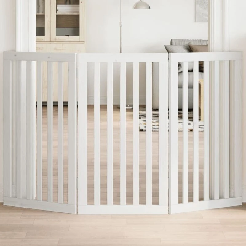 Image of vidaXL Dog Gate Foldable 3 Panels White 150cm Poplar Wood, White 352246