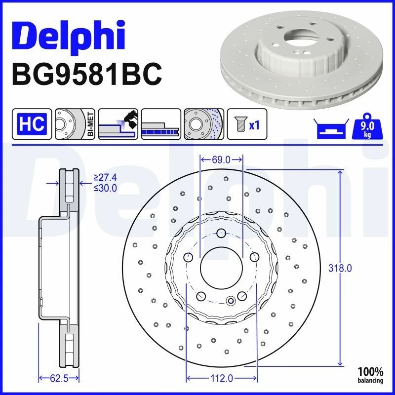 Image of DELPHI Brake disc DELPHI BG9581BC