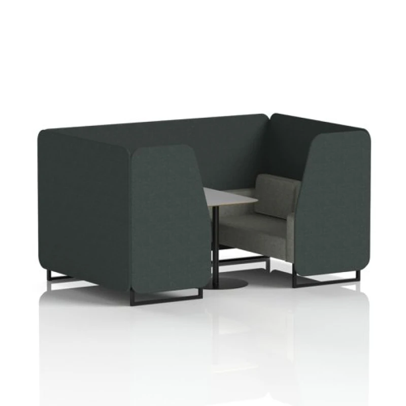 Image of Brixworth 4 Seater Office Booth with Front Panel - Black Legs and Grey Table with Black Leg in Rivet Fabric - Charcoal Panels and Vitreous Sofa