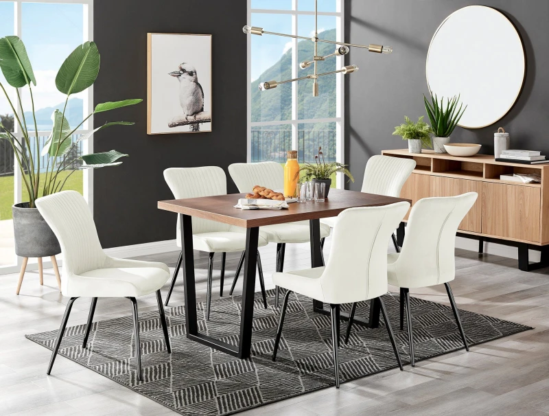 Image of FurnitureboxUK FurnitureboxUK Kylo Large Brown Wood Effect Dining Table & 6 Nora Black Leg Velvet Chairs in Cream Cream One Size Unisex 5056657171742