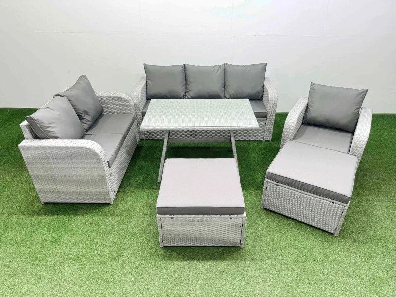 Image of Fimous Patio Dining Table & Chairs Set with Reclining Chair 2 Big Stool in Light Grey Light Grey Unisex