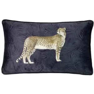 image of Cheetah Forest Velvet Cushion Navy, Navy / 30 x 50cm / Polyester Filled