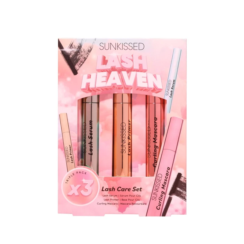 Image of Sunkissed Lash Heaven Lash Care Set Gift Set 10ml Clear Lash Serum + 10ml White With Fibres Lash Primer + 10ml Curl & Flex Black Curling Mascara