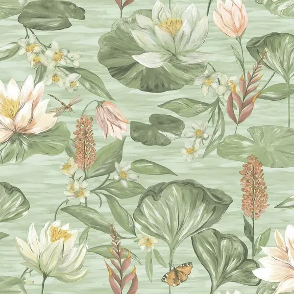 YOL YOL - Green Lily Pad Wallpaper Holden Floral Butterfly Pink Natural Flower Botanical WL-13621