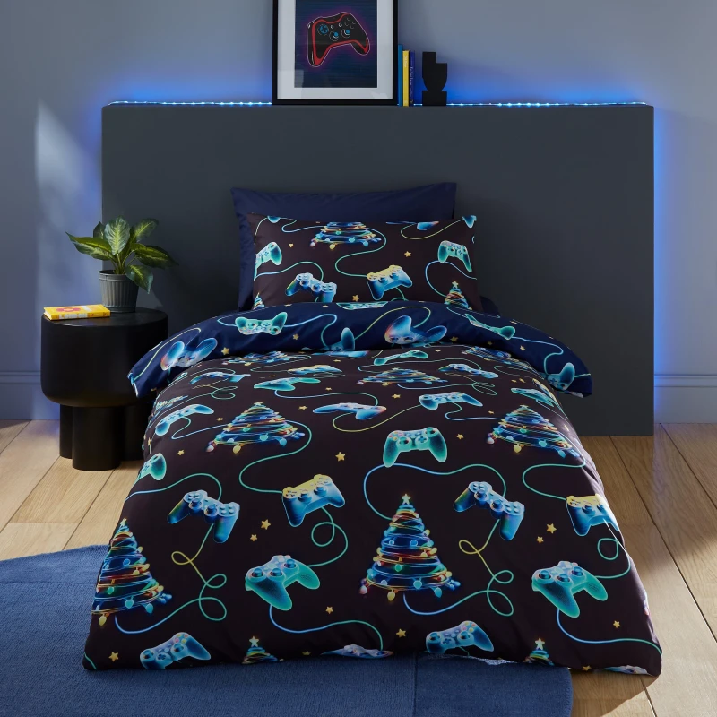 Image of Catherine Lansfield Christmas Gamer So Soft Reversible Duvet Cover Set Navy Blue unisex Double