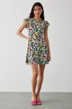 Image of Multi Floral Ruffle Shoulder Mini Dress