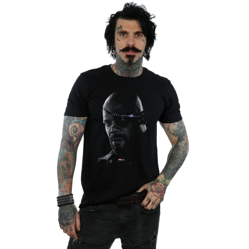 Image of Marvel Marvel Men Avengers Endgame Avenge The Fallen Nick Fury T-Shirt in Black Size: Small Black S Male 5059276653903