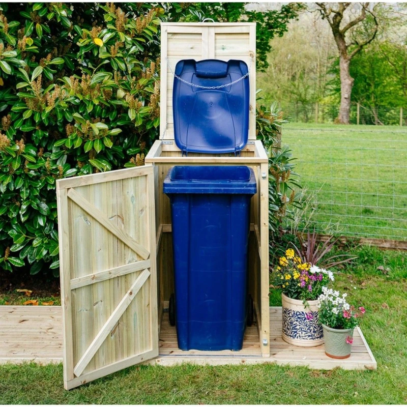 Image of Buttercup Farm Shireburn Single Wheelie Bin Store, Timber, Fits 1 x 140L Wheelie Bins in Light Brown Light Brown Unisex