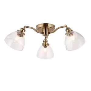 image of Hansen Multi Arm Glass Semi Flush Ceiling Lamp, Antique Brass Plate, Glass