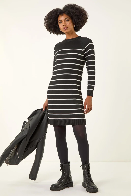 Image of Roman Womens Stripe Print Knitted Jumper Dress in Black Size: 14 Black Female 14