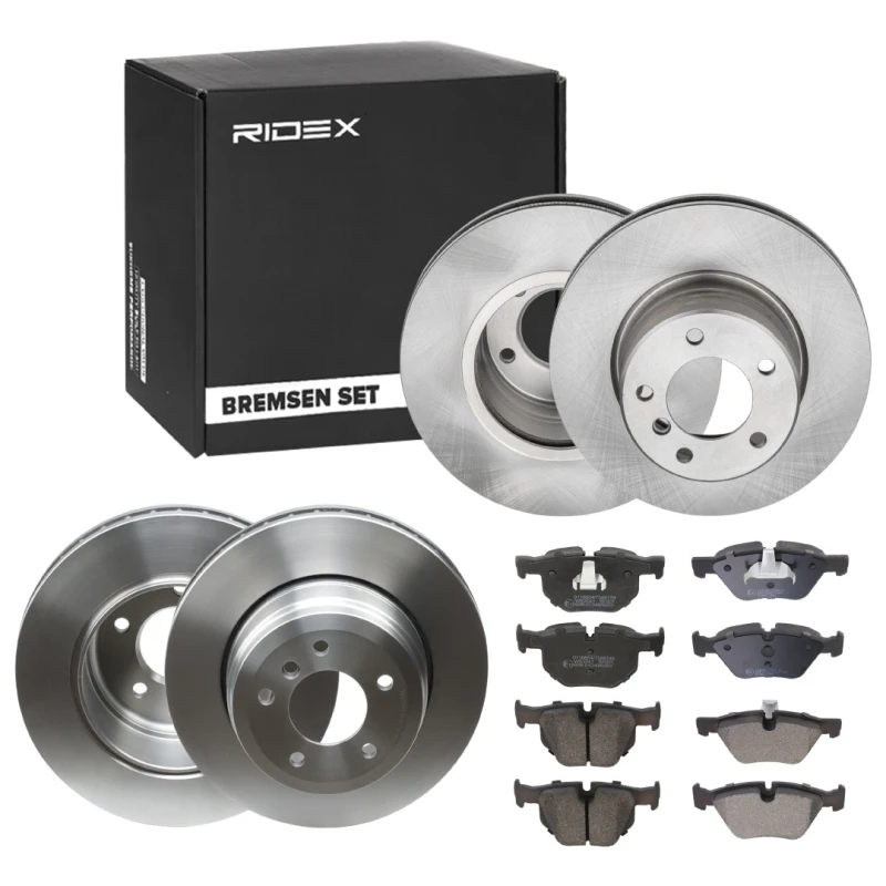 Image of RIDEX 3405B1760 Brake disc and pads set Rear Axle, Brake Disc Type: Vented, prepared for wear warning indicator, with piston clip Brake Set,disc brak