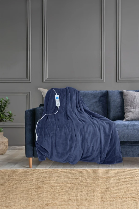 Image of Neo Electric Heated Throw Over Sherpa Blanket - Reversible Dark Navy