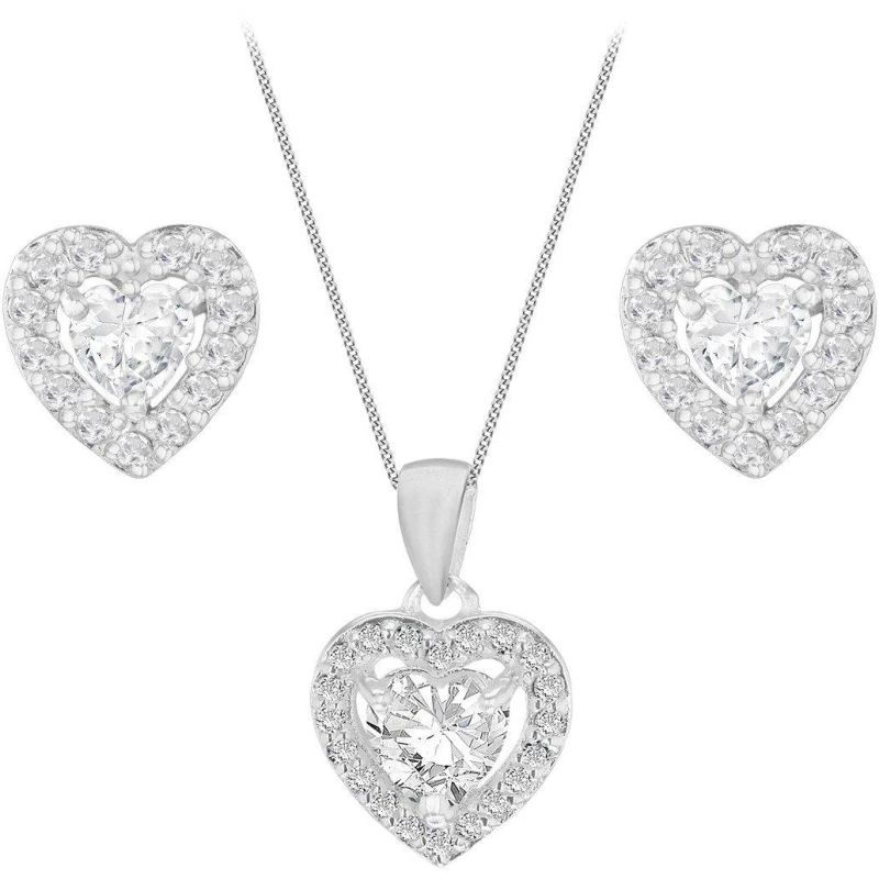 Image of Be You Silver CZ Heart Earrings & Necklace Set Silver female 18inch