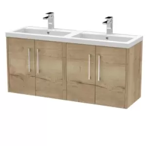 image of Hudson Reed Juno 1200mm Wall Hung 4 Door Vanity & Double Polymarble Basin - Autumn Oak