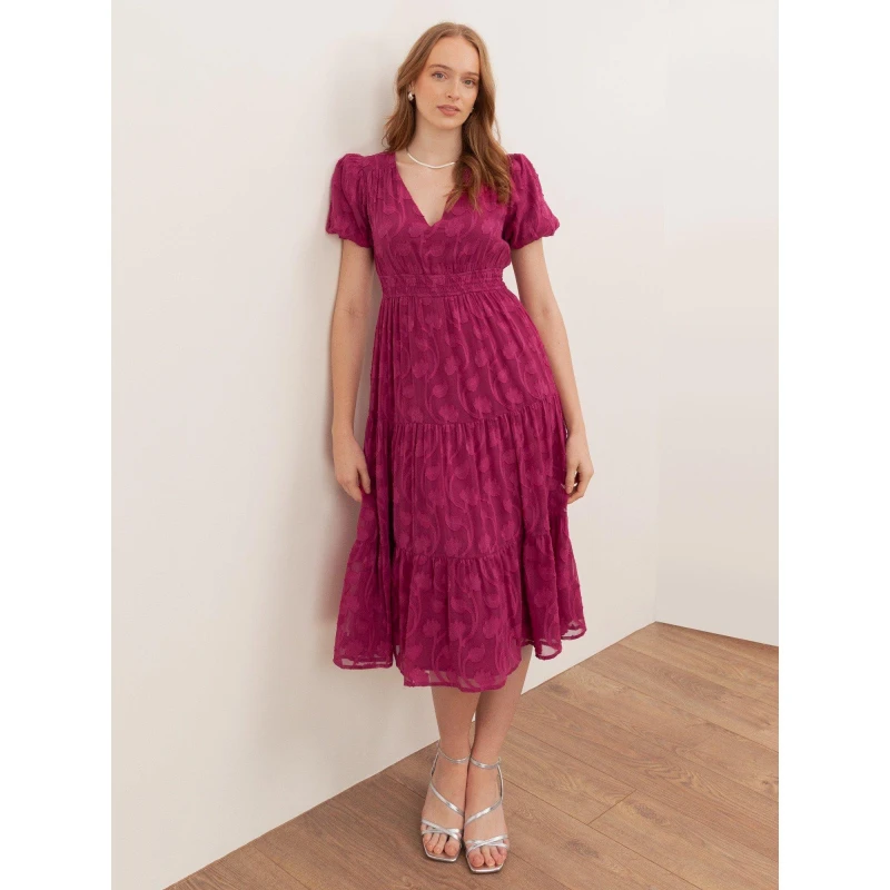 Image of Lovedrobe Lovedrobe Fuchsia Short Sleeve Floral Burnout Midi Dress Fuchsia female 16 (XL)
