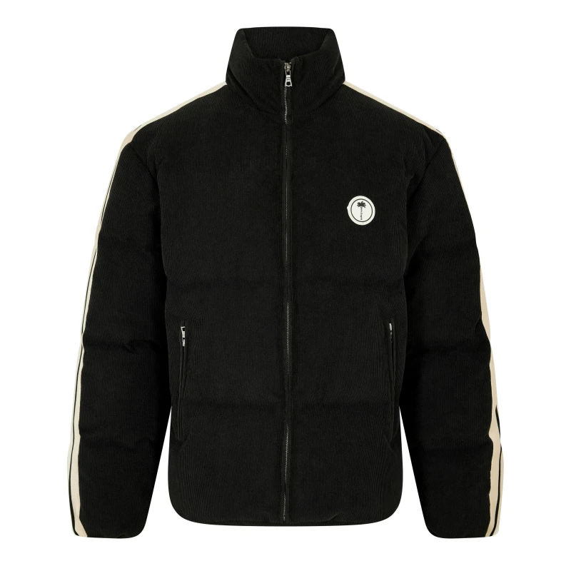 Image of Palm Angels Mens Tree Logo Corduroy Down Short Puffer Jacket Black/Off White male L