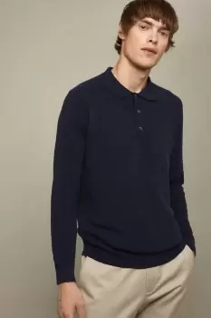 Image of Mens Pure Cotton Navy Textured Long Sleeve Snap Knitted Polo Shirt