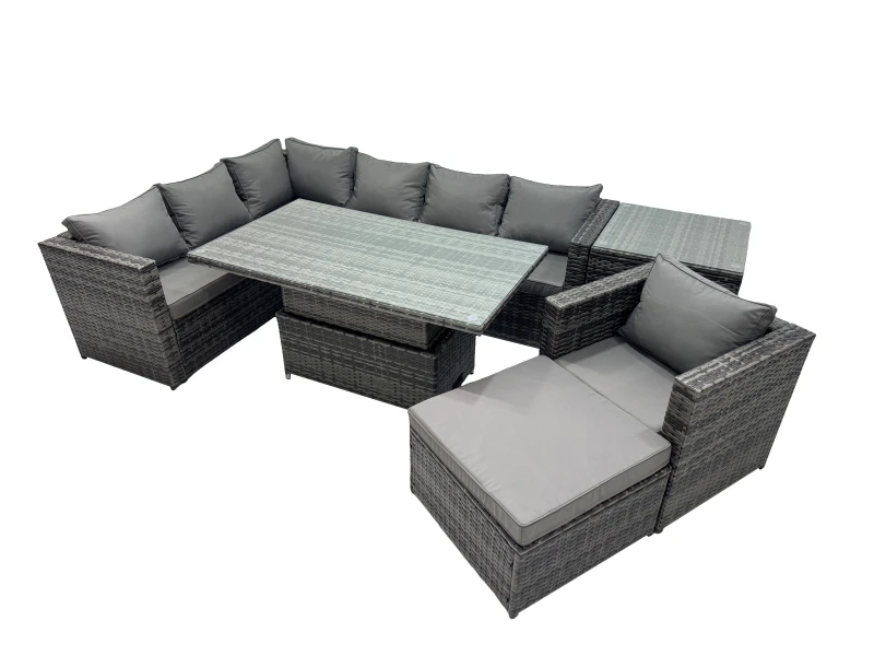 Image of Fimous 8-seater Rattan Garden Furniture Dining Set with Big Stool Side Table in Dark Grey Dark Grey Unisex