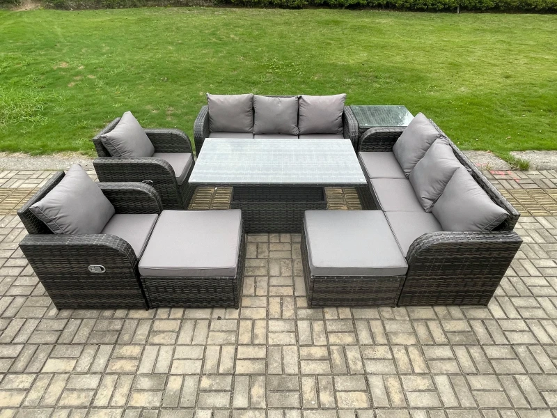 Image of Fimous Rattan Outdoor Garden Furniture Sets Height Adjustable Rising lifting Dining Table Reclining Chair Sofa Set with Side Tables Dark Grey