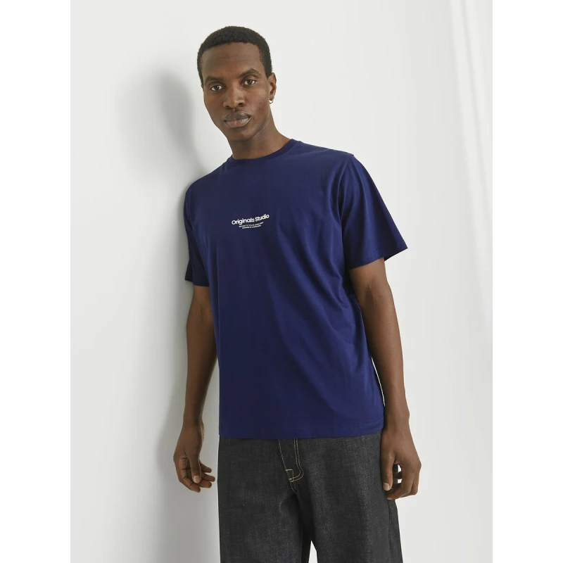 Image of jack & jones Slogan Print Cotton T-Shirt with Crew Neck Dark Blue Cotton S