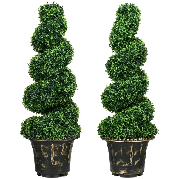 image of HOMCOM Set of 2 Decorative Artificial Plants Spiral Boxwood Tree for Decor Green