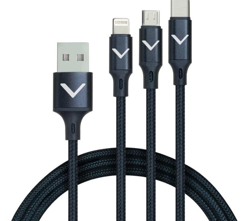 Image of VELD 3-in-1 Braided USB & Lightning Cable - 1.2 m, Black 5014117984851