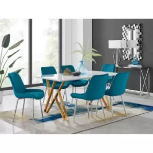 Image of Furniture Box Taranto White High Gloss Dining Table and 6 Blue Pesaro Silver Leg Chairs
